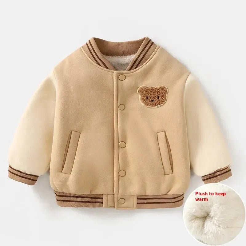 Baseball jas beige witte mouwen beer badge vooraanzicht plat