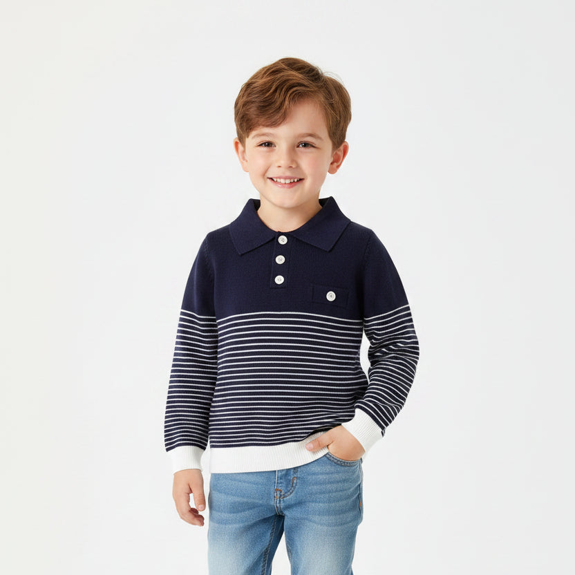 Jongens Polyester Polotrui - Gestreept met Knopen