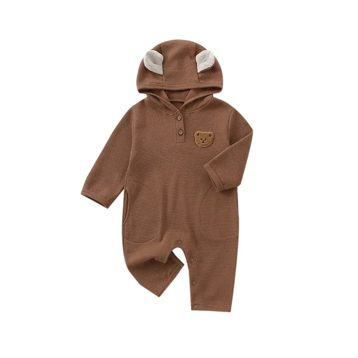 Beer jumpsuit bruin baby met capuchon