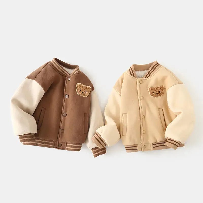 Baseball jacket bruin beige beer badge fleece voering beide kleuren
