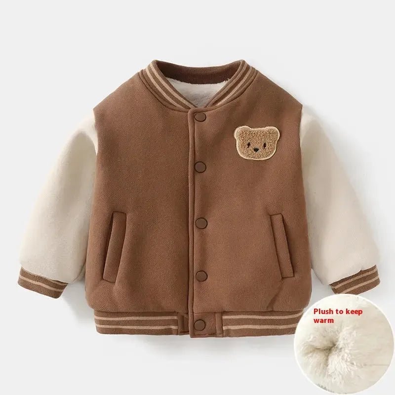 Kinder baseball jacket bruin beer badge drukknoopsluiting vooraanzicht