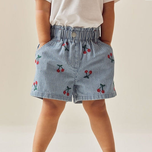 Meisjes Denim Shorts — Gestreept met Kersjes Print - Kaniboo Kids
