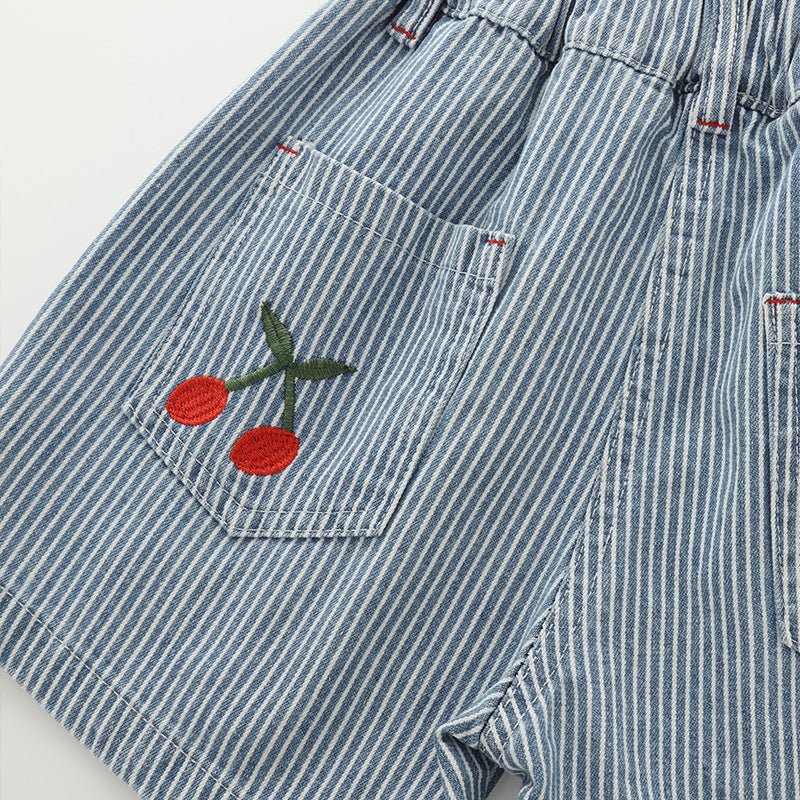 Meisjes Denim Shorts — Gestreept met Kersjes Print - Kaniboo Kids