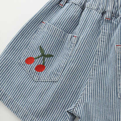 Meisjes Denim Shorts — Gestreept met Kersjes Print - Kaniboo Kids