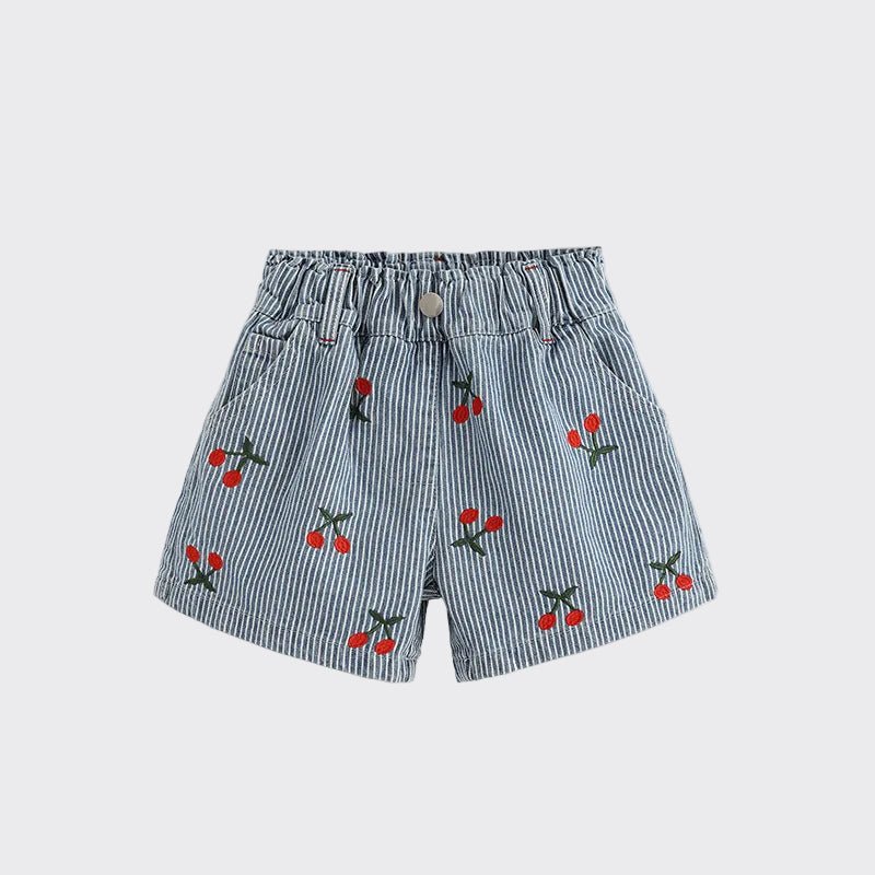 Meisjes Denim Shorts — Gestreept met Kersjes Print - Kaniboo Kids