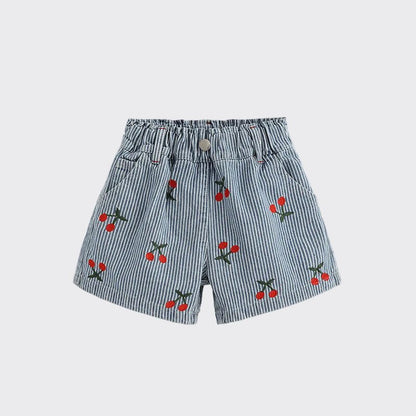 Meisjes Denim Shorts — Gestreept met Kersjes Print - Kaniboo Kids