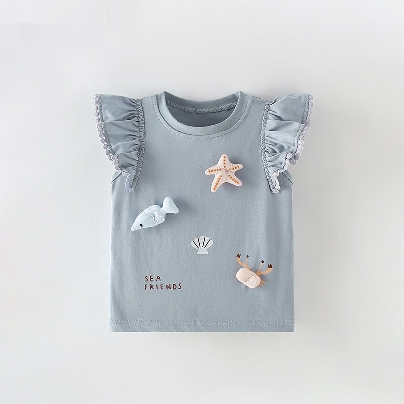 Meisjes T-shirt — Sea Friends met Zeester en Krab Applicatie - Kaniboo Kids