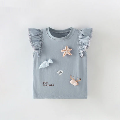 Meisjes T-shirt — Sea Friends met Zeester en Krab Applicatie - Kaniboo Kids