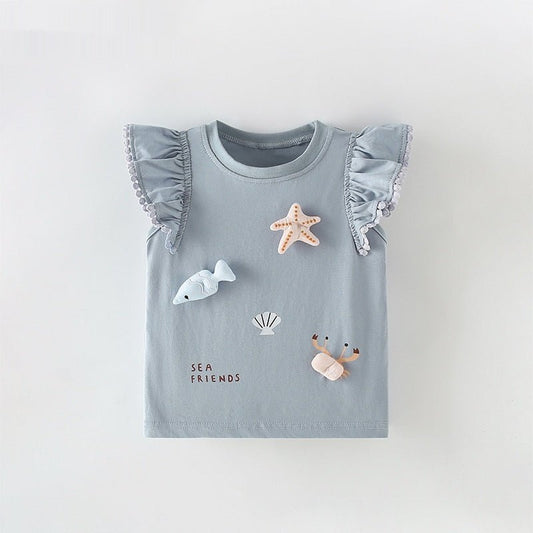 Meisjes T-shirt — Sea Friends met Zeester en Krab Applicatie - Kaniboo Kids