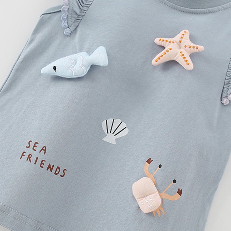 Meisjes T-shirt — Sea Friends met Zeester en Krab Applicatie - Kaniboo Kids