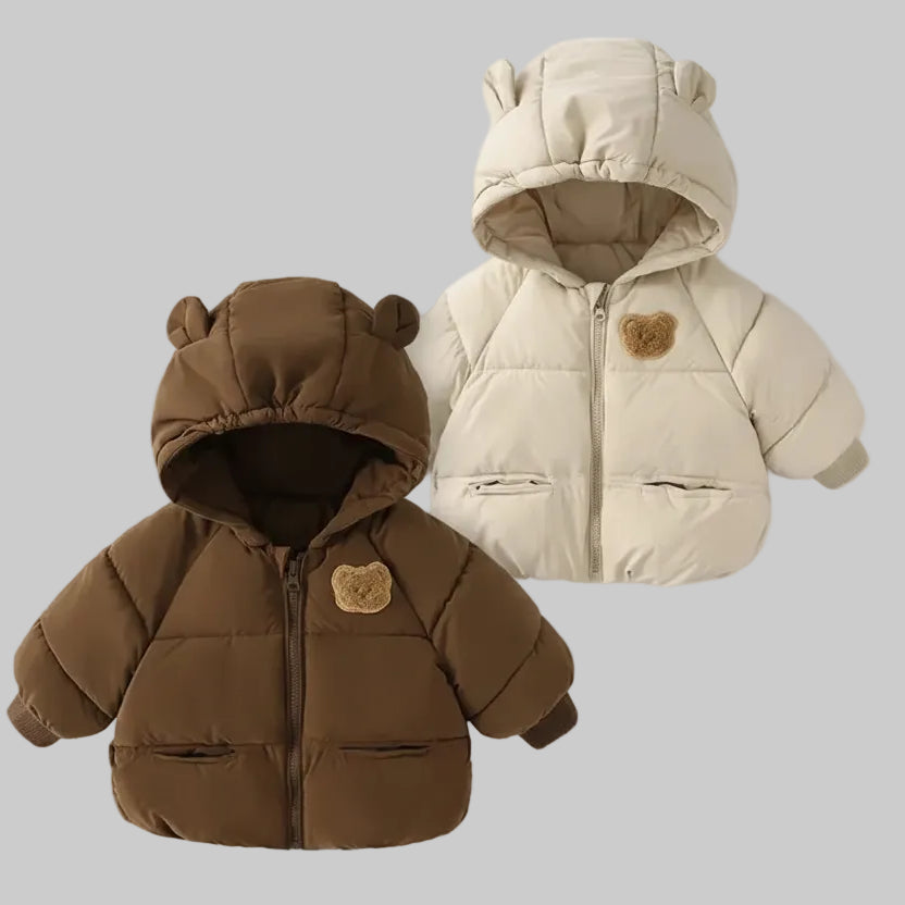 Gewatteerde winterjas bruin en beige beer oortjes capuchon
