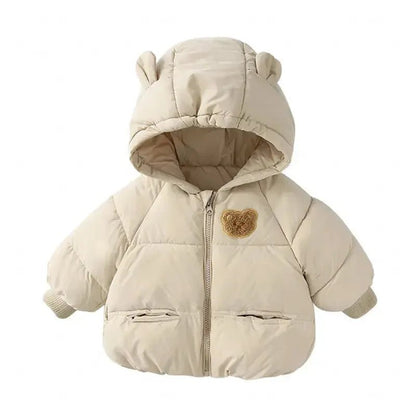 Baby beige gewatteerde jas beer oortjes capuchon vooraanzicht